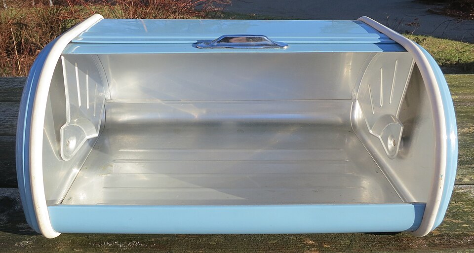 A 1960s aluminium bread bin