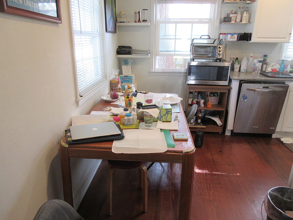 A wooden table in a working kitchen