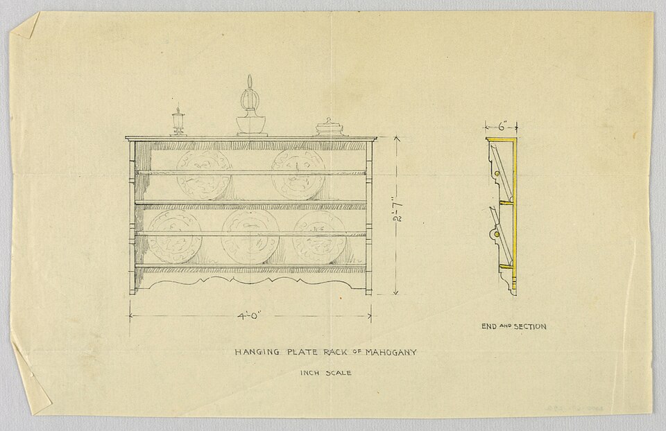 An early 1900s design drawing for a mahogany hanging plate rack