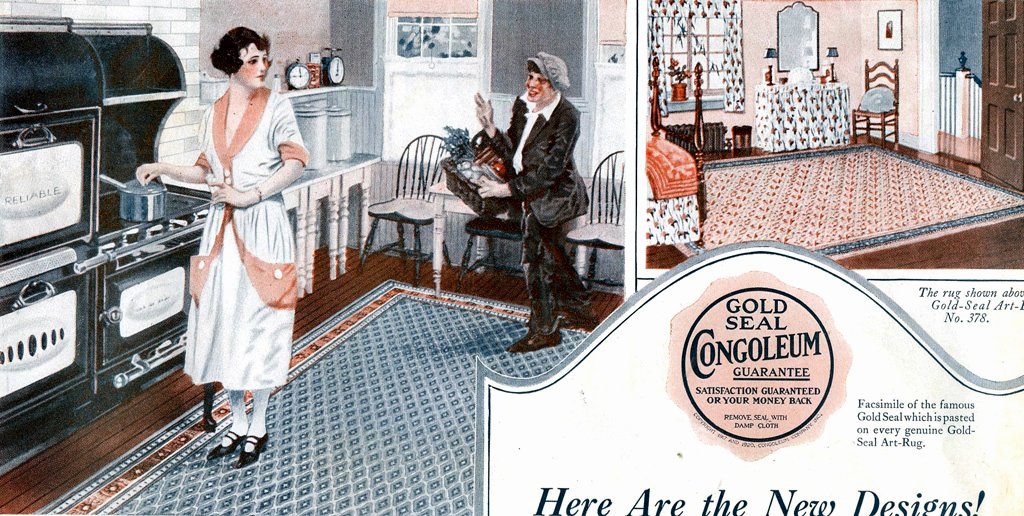 A 1922 advertisement showing patterned floor rugs in a kitchen