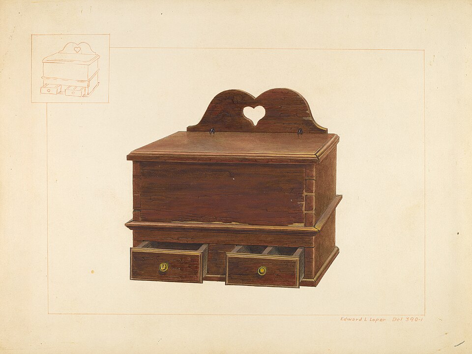 A painting of a wooden wall-hung spice cabinet with small drawers