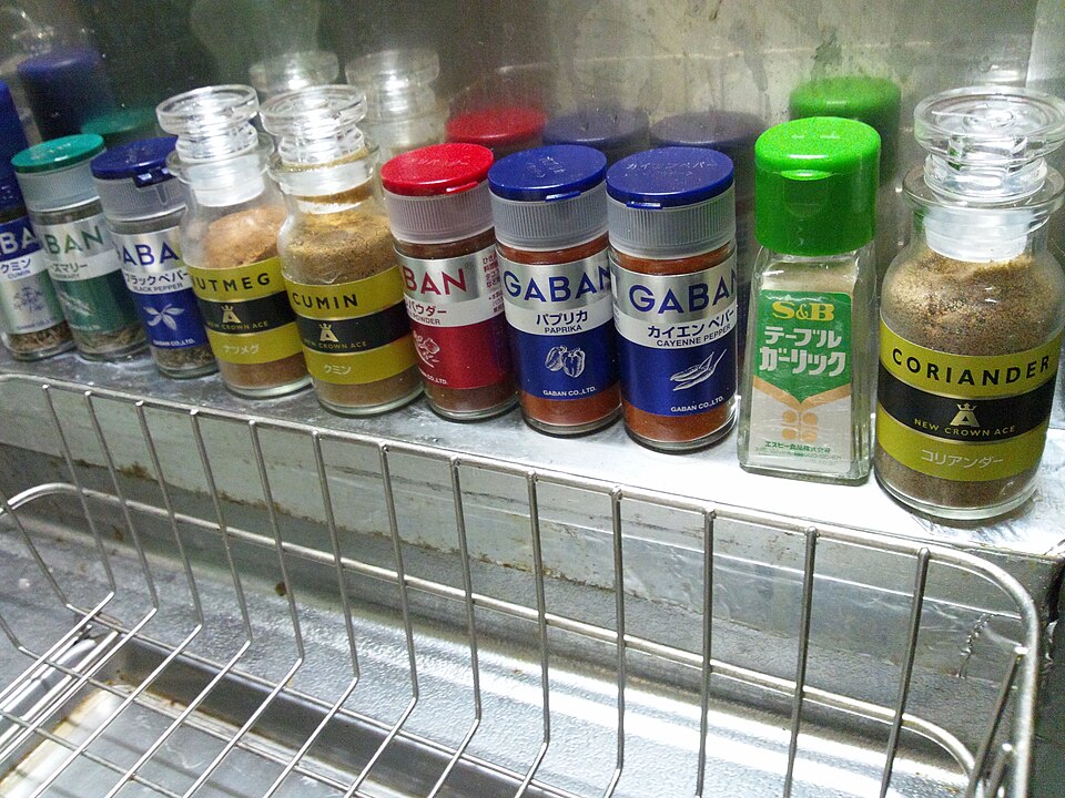 Jars of spices on a rack