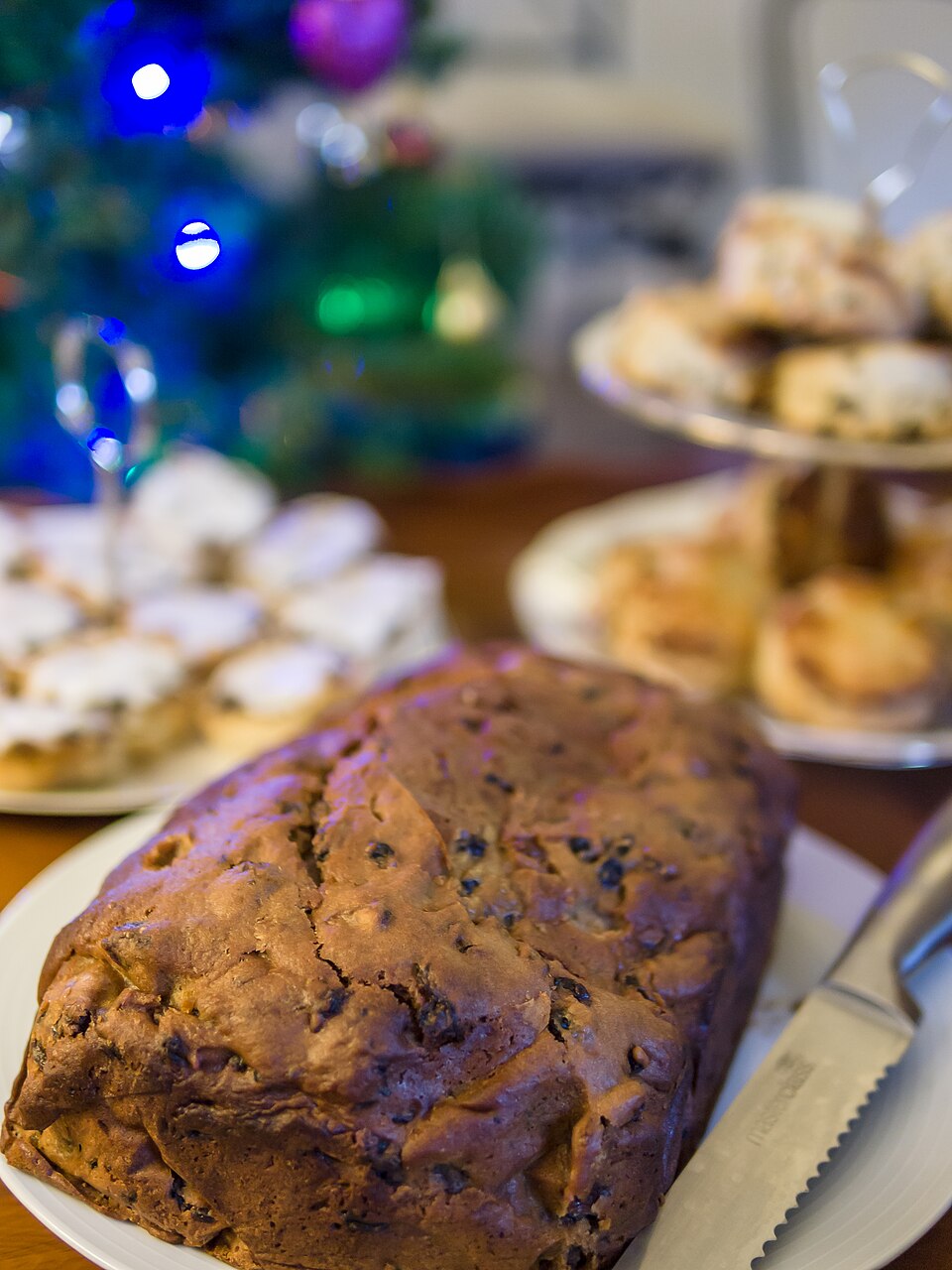 A loaf of bara brith on a festive table