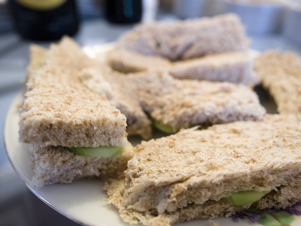 Crustless cucumber sandwiches made with brown bread