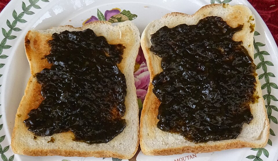 Laverbread spread on two slices of toast