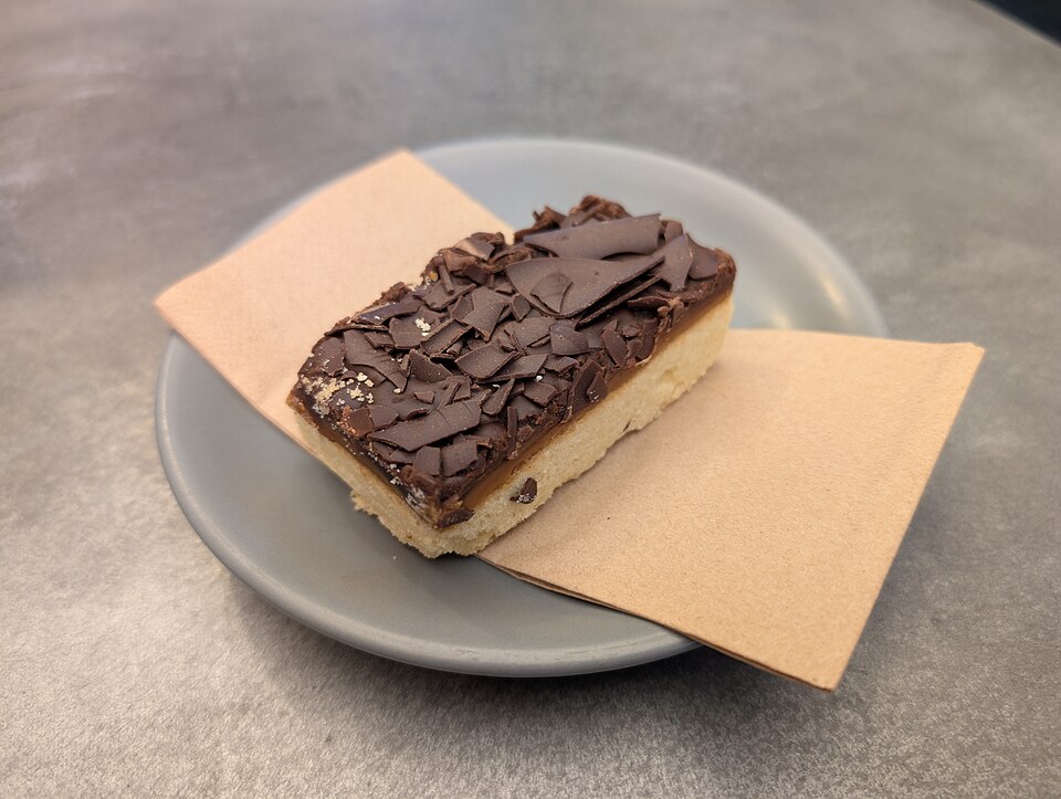 A square of millionaire's shortbread with a chocolate top