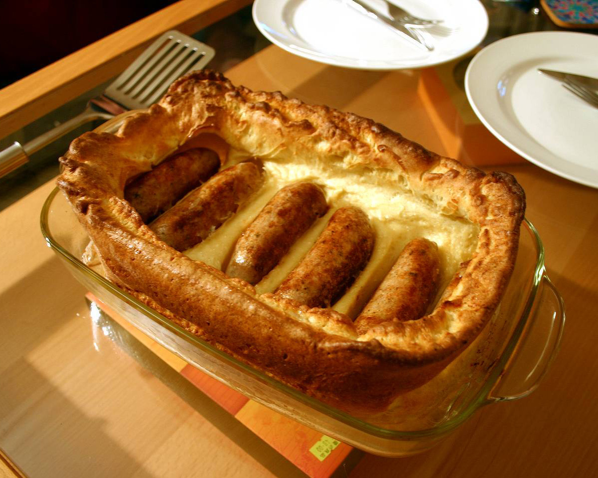 Toad in the hole: sausages baked in a risen batter
