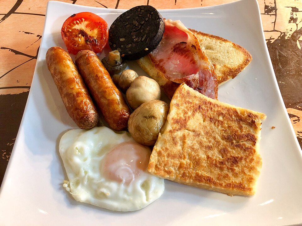 An Ulster fry with potato bread, eggs, sausages and black pudding
