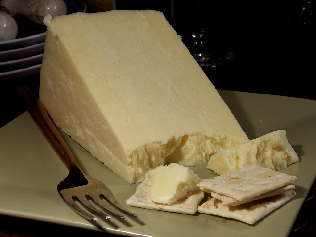 A wedge of Caerphilly cheese with crackers