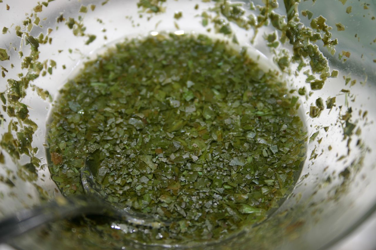 A bowl of homemade mint sauce