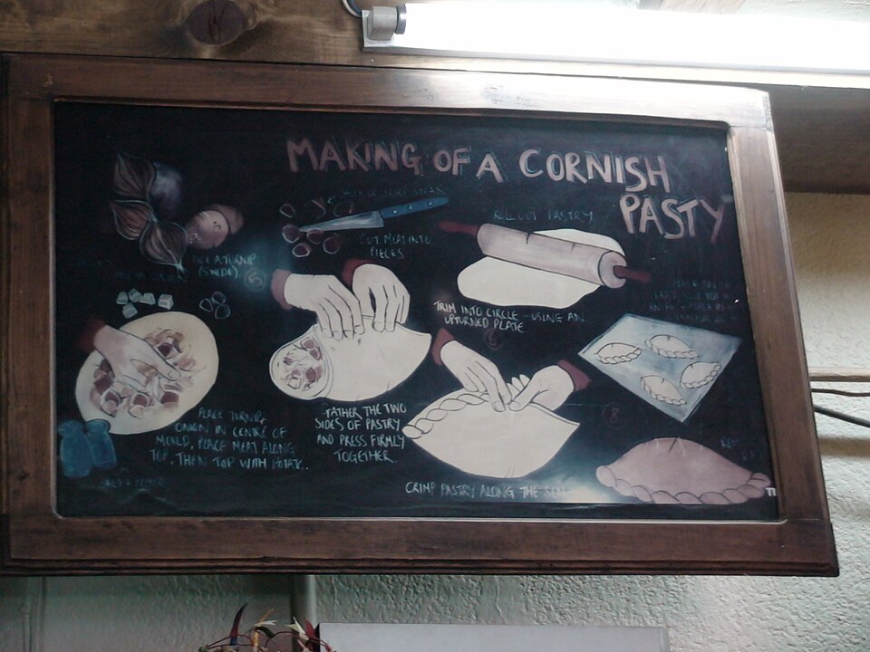 A pasty shop's chalkboard showing how a Cornish pasty is filled and folded