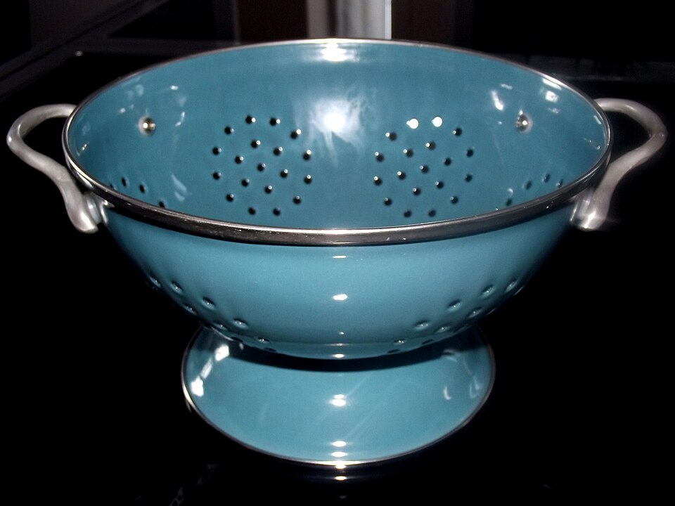 A blue enamel colander