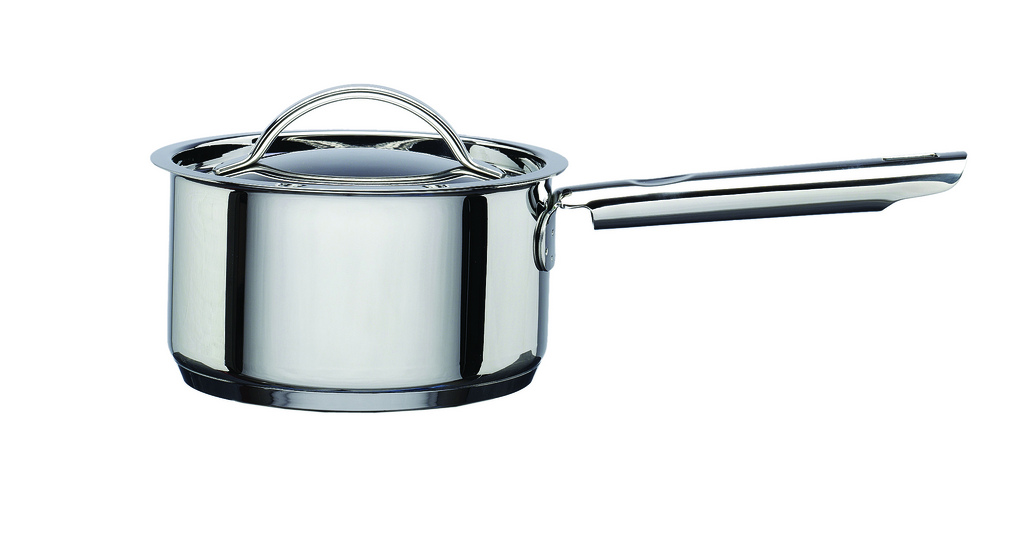 A small stainless steel saucepan with a lid
