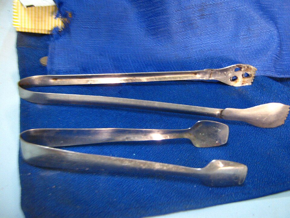 Two pairs of stainless steel kitchen tongs