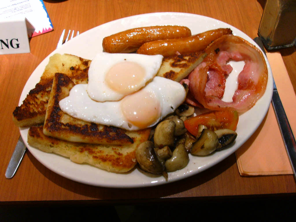 A full Ulster fry with potato bread and soda farl