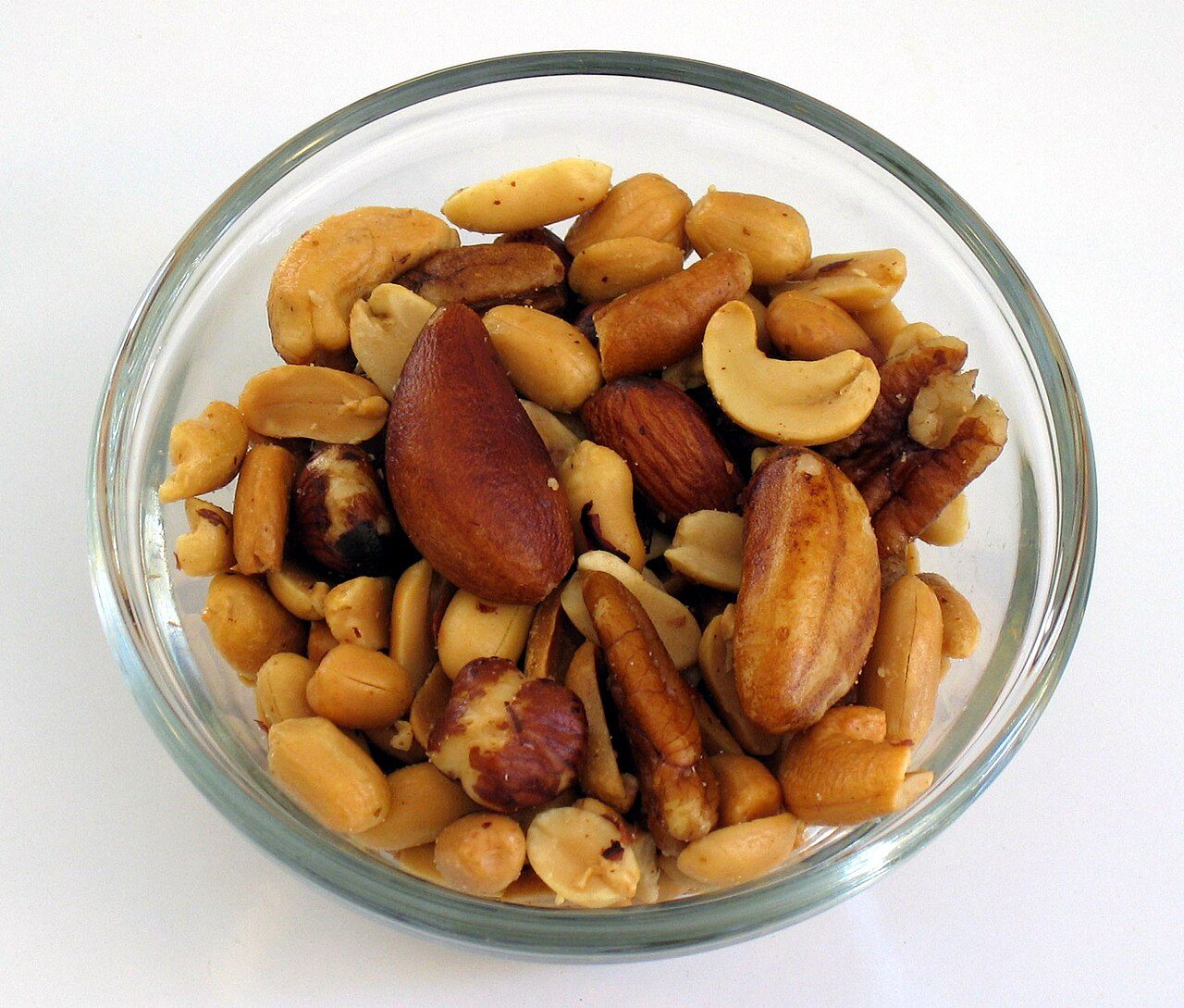 Glass bowl of mixed nuts