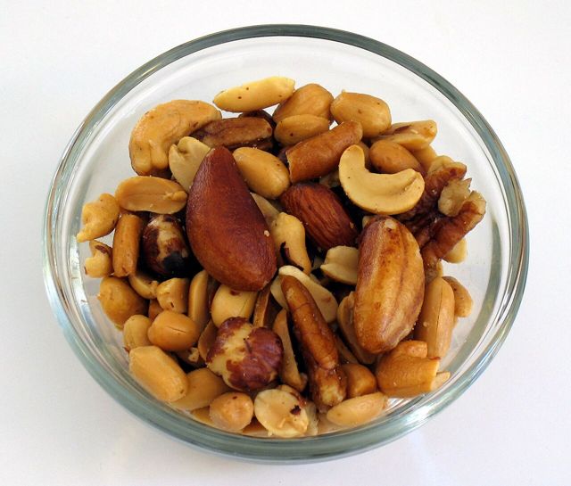 Glass bowl of mixed nuts