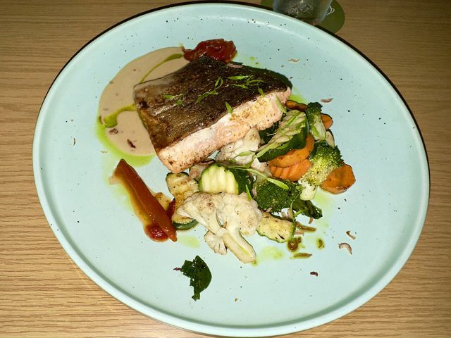 Plate of salmon with vegetables