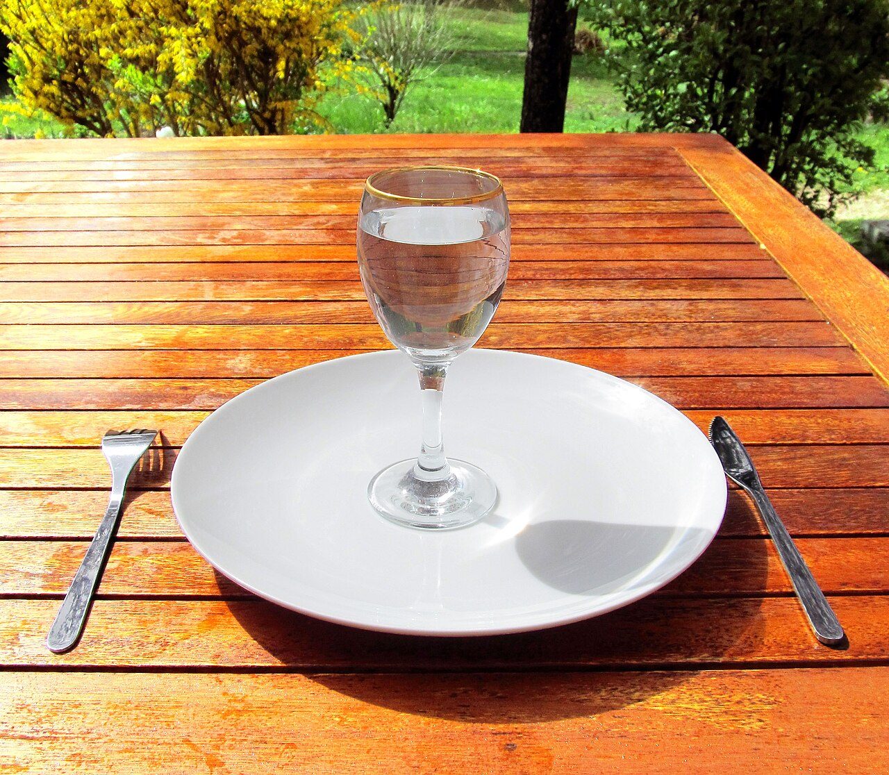 Glass of water on an empty plate on a garden table