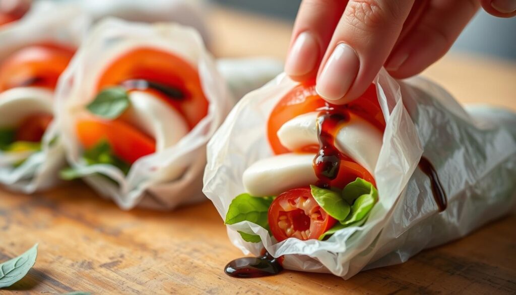 Italian Caprese Spring Rolls assembly