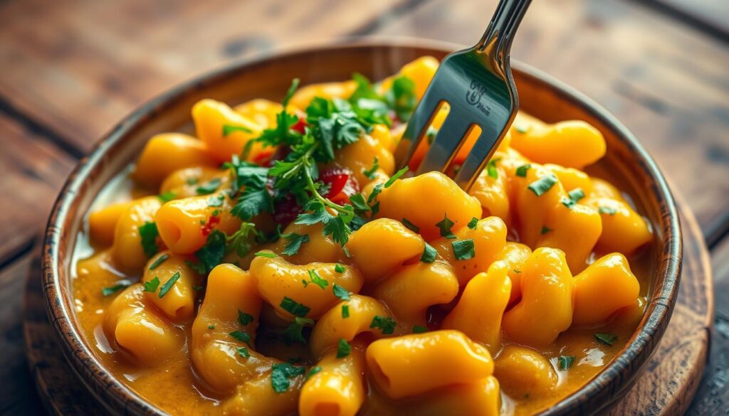 Japanese Curry Mac and Cheese garnished with fresh herbs