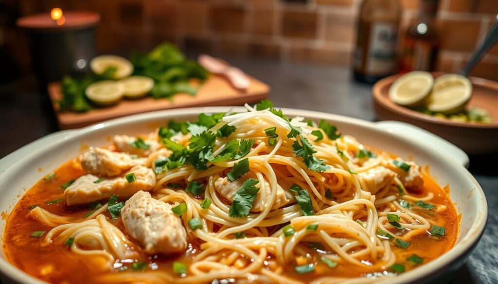 Vietnamese Pho-Inspired Chicken Noodle Bake assembly