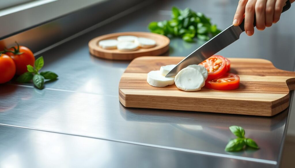 slicing mozzarella and tomatoes